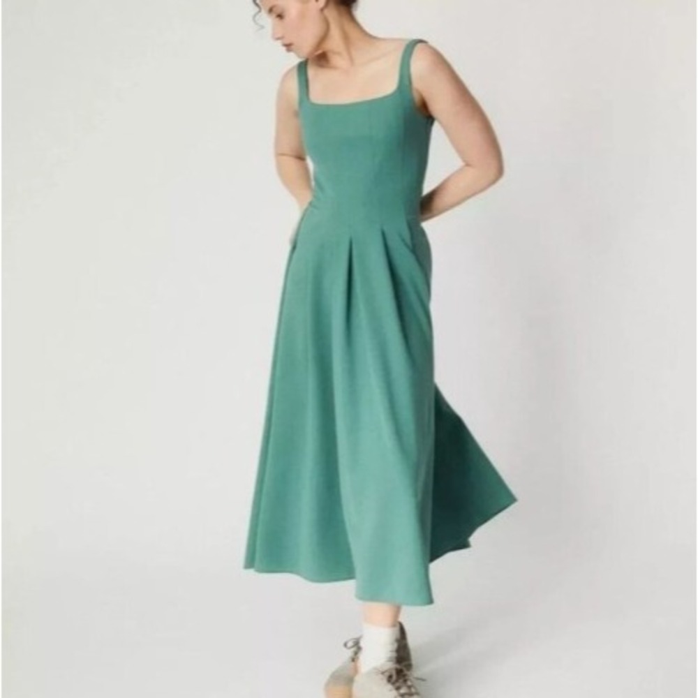COS Fluid Pleated Jersey Midi Dress In Green Slim fit and Flared
